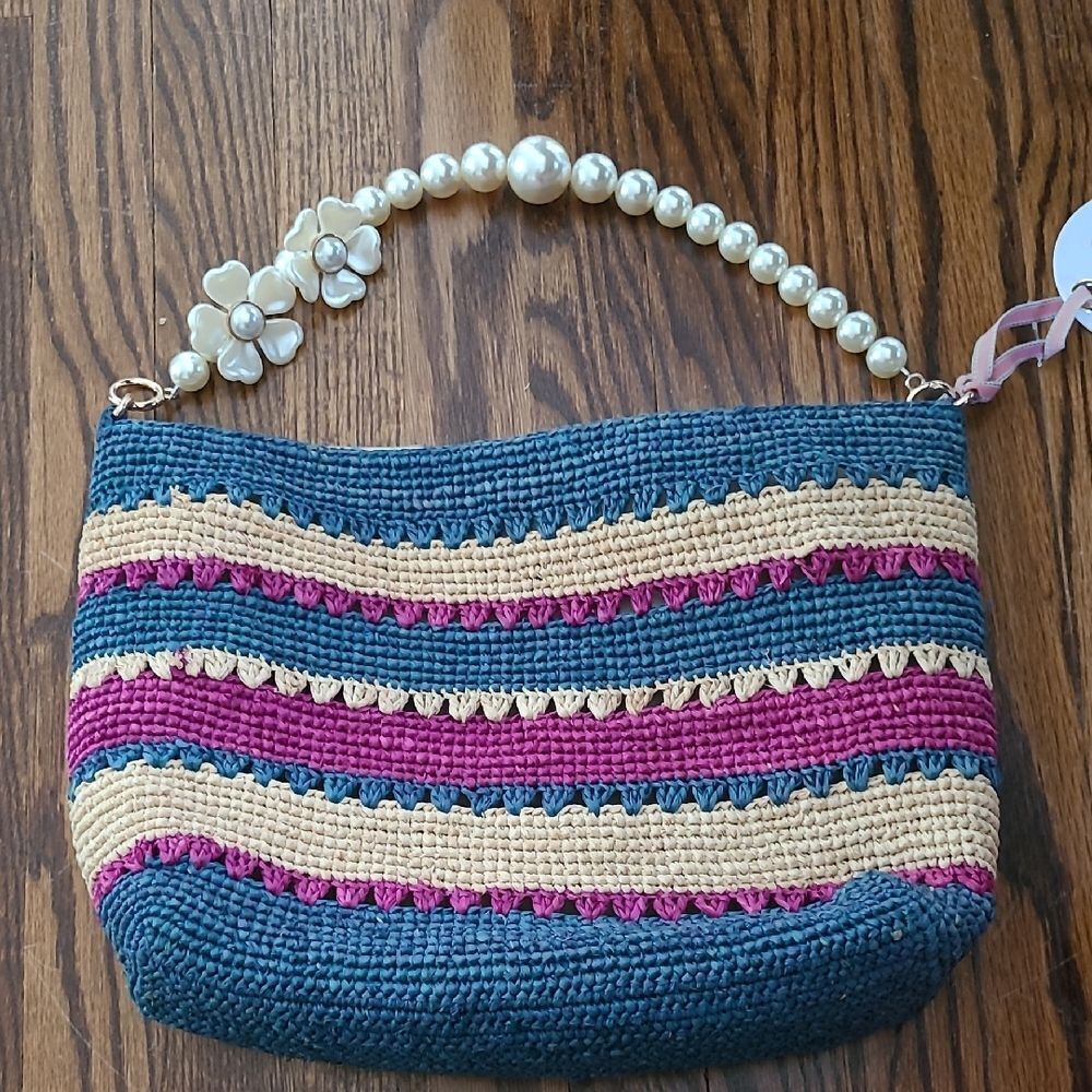 BTB Los Angeles Raffia Tote Bag With Faux Pearl Handle - NWT